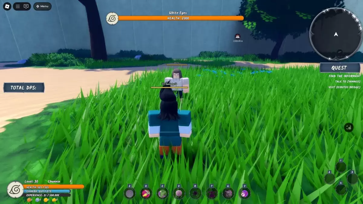 A player standing next to the White Eyes, the last boss of the Chunin Exam in Ninja Time Roblox experience