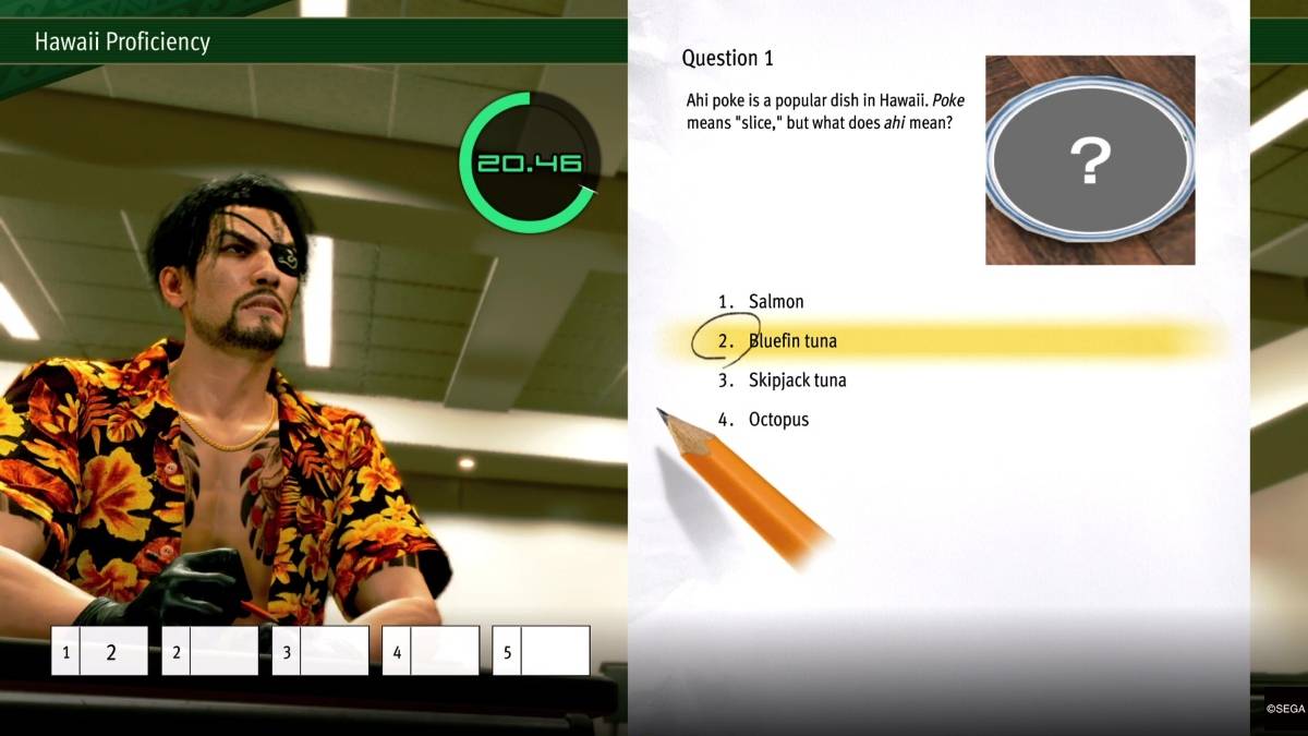 LaD: Pirate Yakuza in Hawaii gameplay showing one of the Ounabara Vocational School answers to Hawaii Proficiency