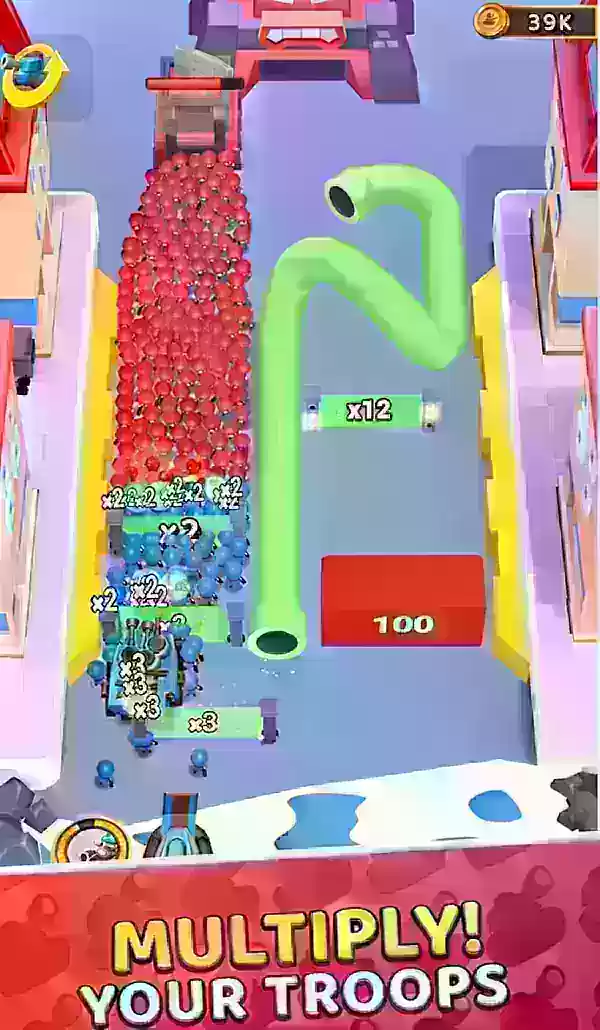 Grunt Rush zrzut ekranu pokazujący niebieskie jednostki przechodzące przez mnożniki.