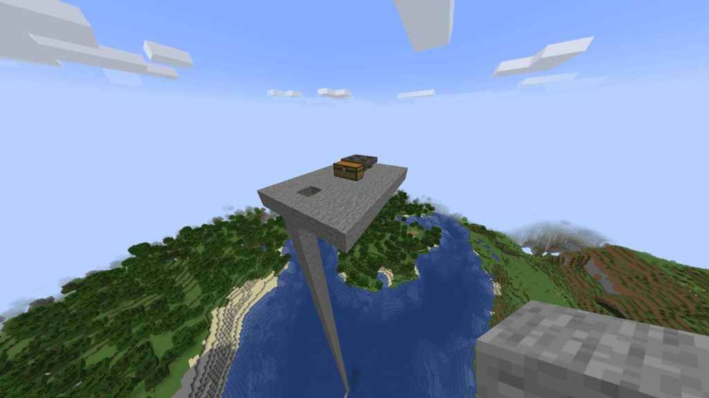 Minecraft kleine Plattform am Himmel mit einer Brust und vier Hoppern für Mob Spawner