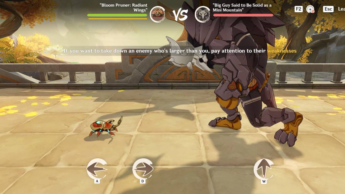 A screenshot from Genshin Impact showing a beetle battle against a Lawachurl