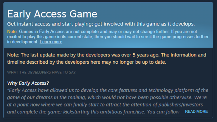 Illustrative image: Steam warning for abandoned Early Access game