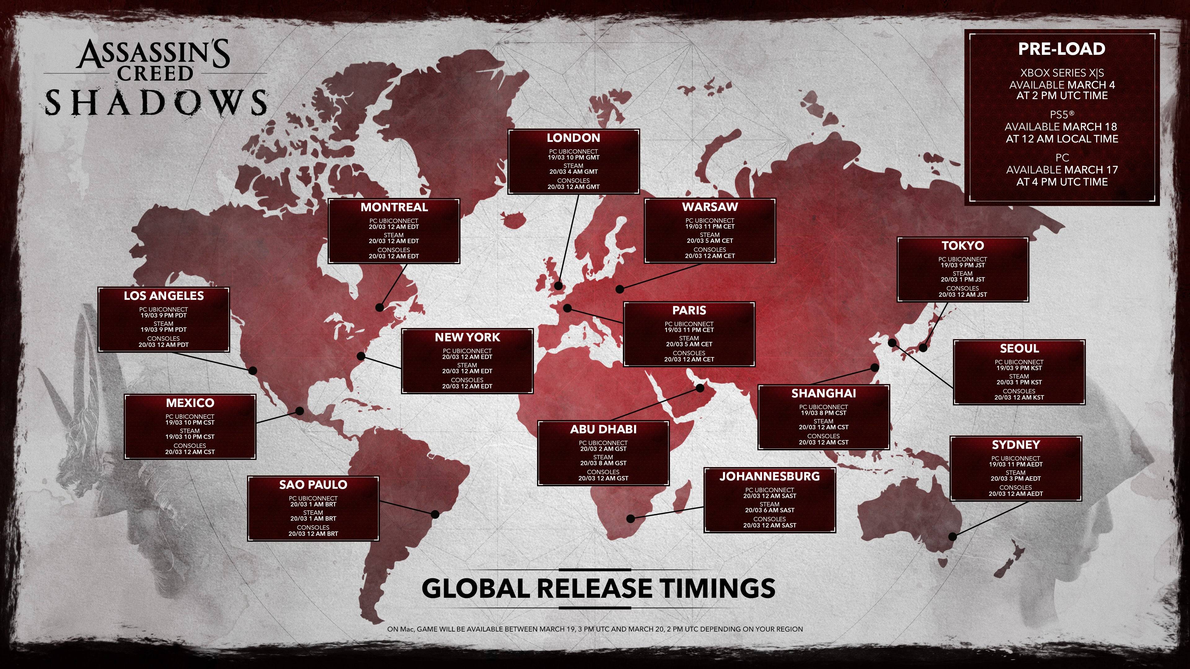 Assassin’s Creed Shadows: Global Release Schedule Announced