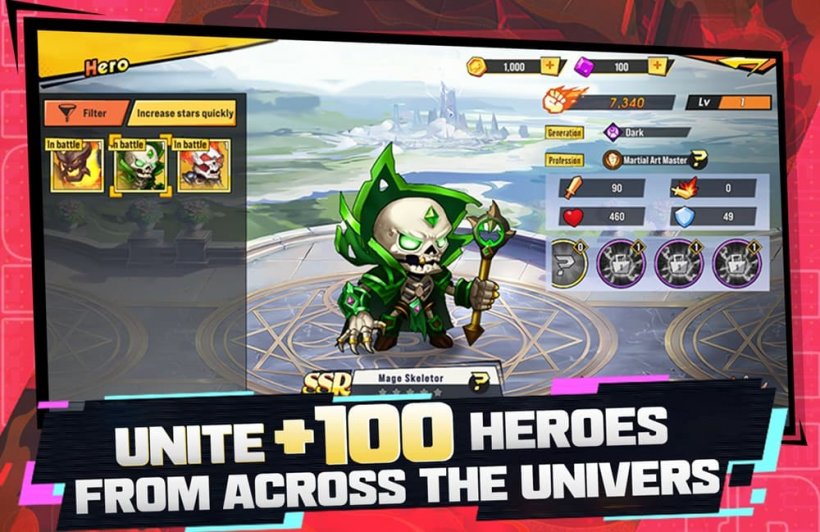 A screenshot of Heroes United showing a skeletal mage being picked from a menu for battle